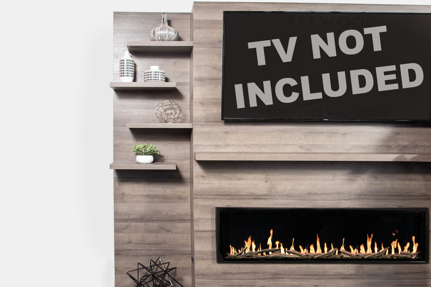 Modern Flames Allwood Fireplace Media Wall in Coastal Sand | 60'' Orion Slim Heliovision Electric Fireplace