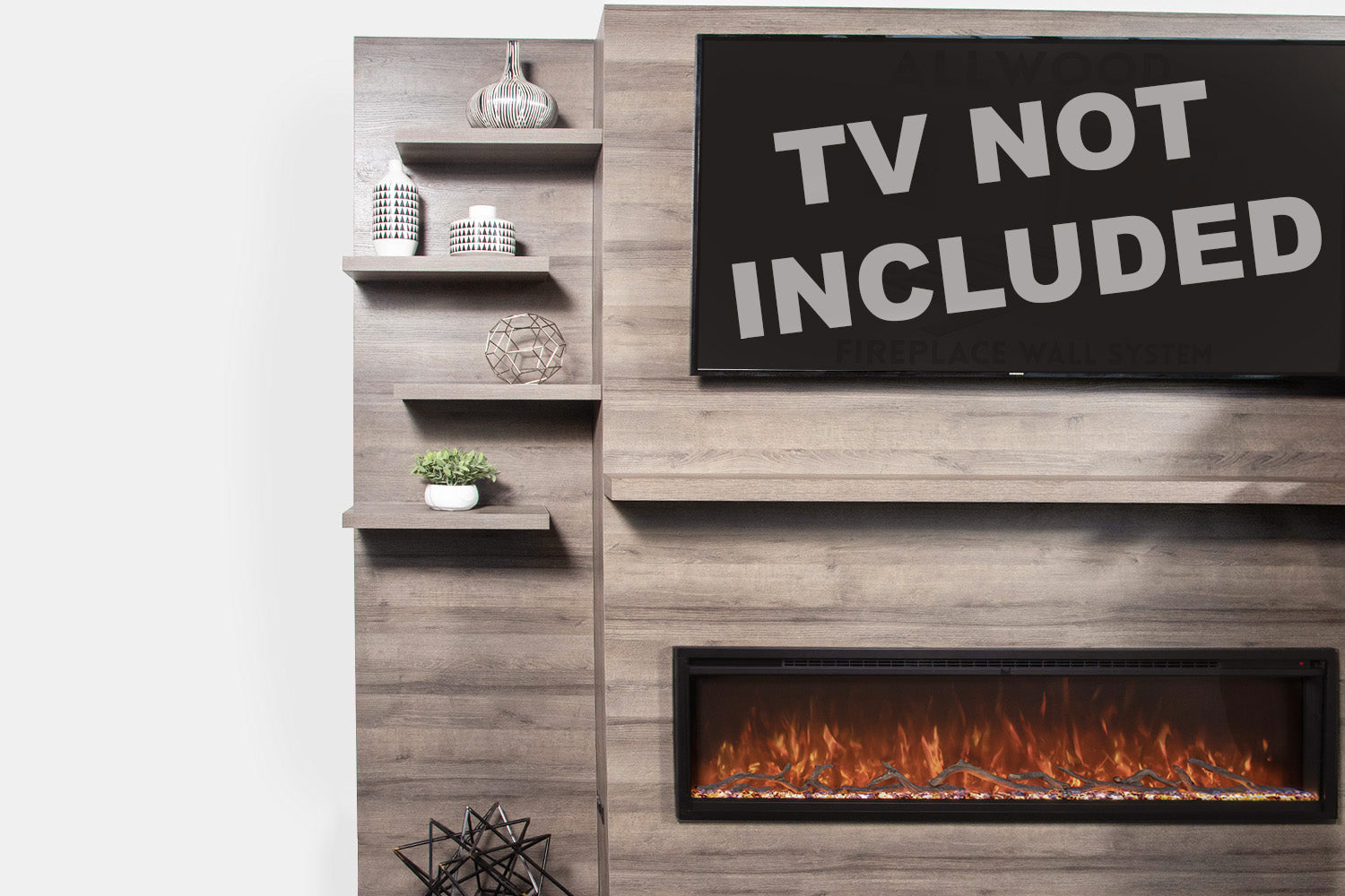 Modern Flames Allwood Fireplace Media Wall in Coastal Sand | 60'' Spectrum Electric Fireplace