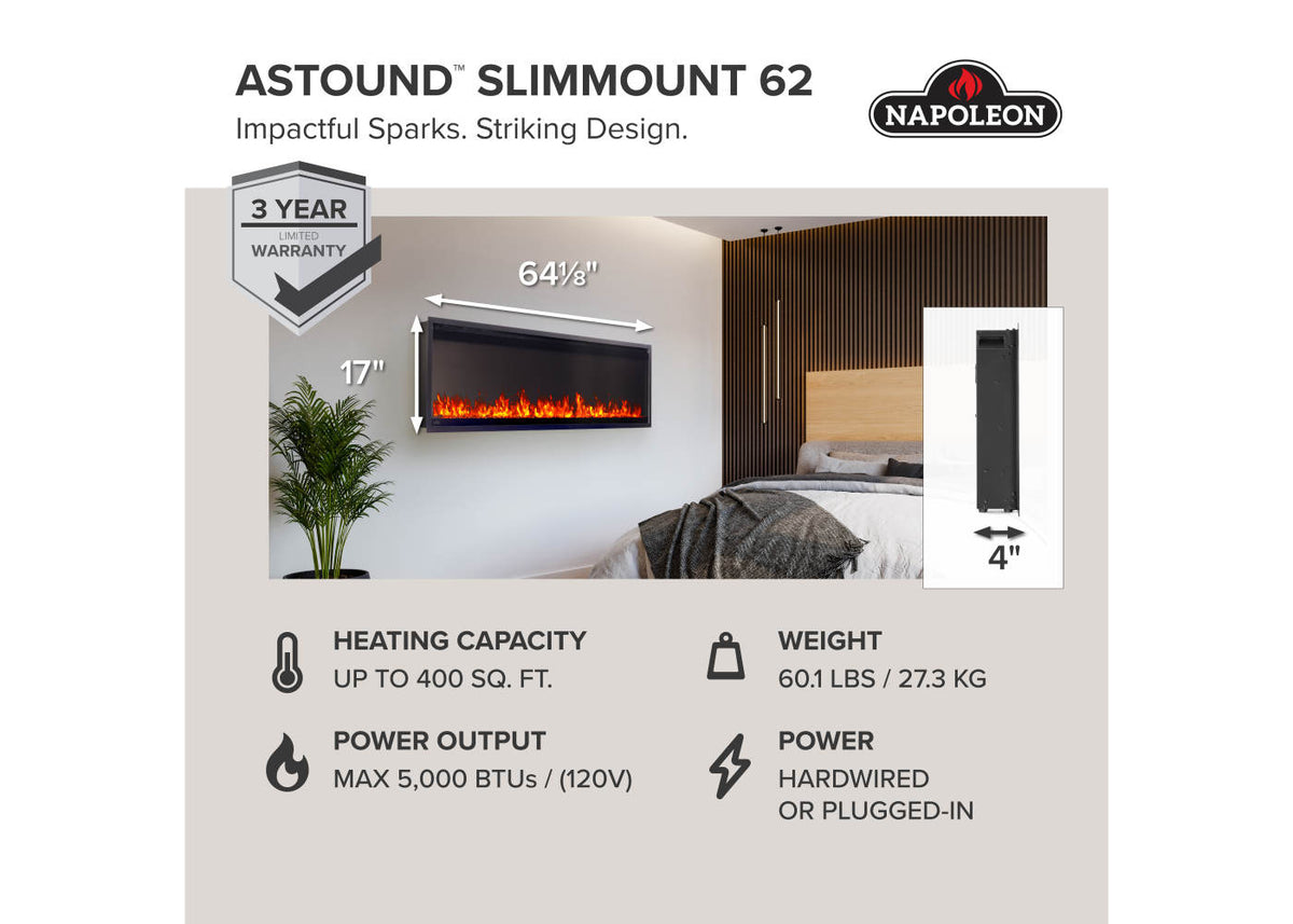 Napoleon Astound SlimMount 62" Wall-Mounted Electric Linear Fireplace