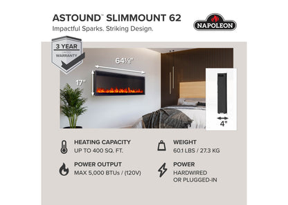 Napoleon Astound SlimMount 62" Wall-Mounted Electric Linear Fireplace