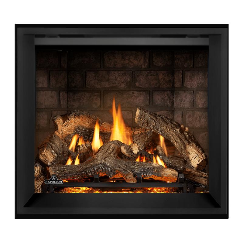 Napoleon Elevation X 36 Direct Vent Fireplace with Glacier Brick Herringbone Interior Panel and Split Oak Log Set