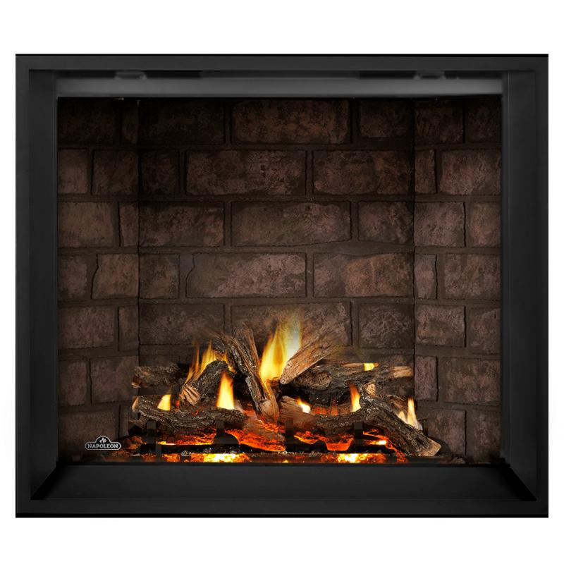 Napoleon Elevation X 42 Direct Vent Fireplace with Westminster Grey Herringbone  Interior Panel and Split Oak Log Set