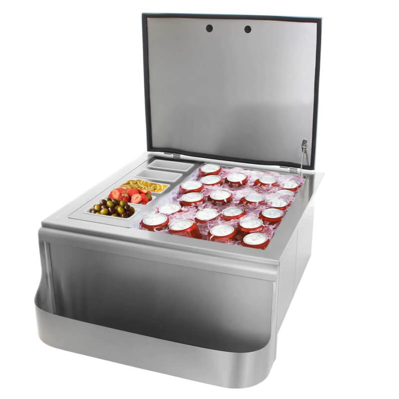 BBQ Generals Elite Series 25-Inch Slide-In Ice Bin Cooler With Speed Rail & Condiment Holder - Traditional