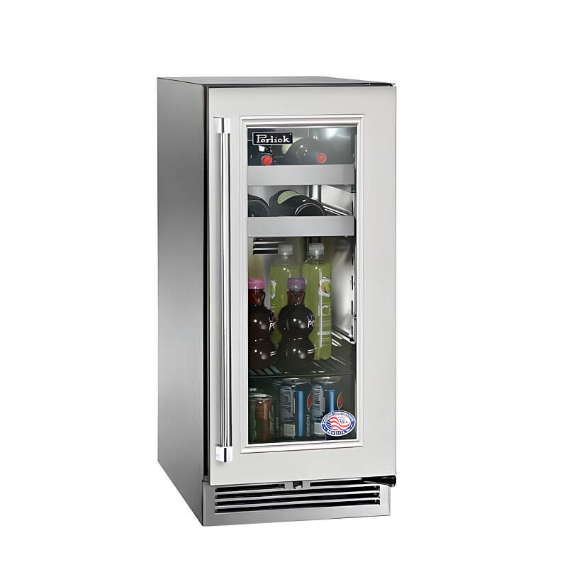 Perlick 15-Inch Signature Series Stainless Steel Panel Ready Glass Door Outdoor Beverage Center with Lock - HP15BO-4-4