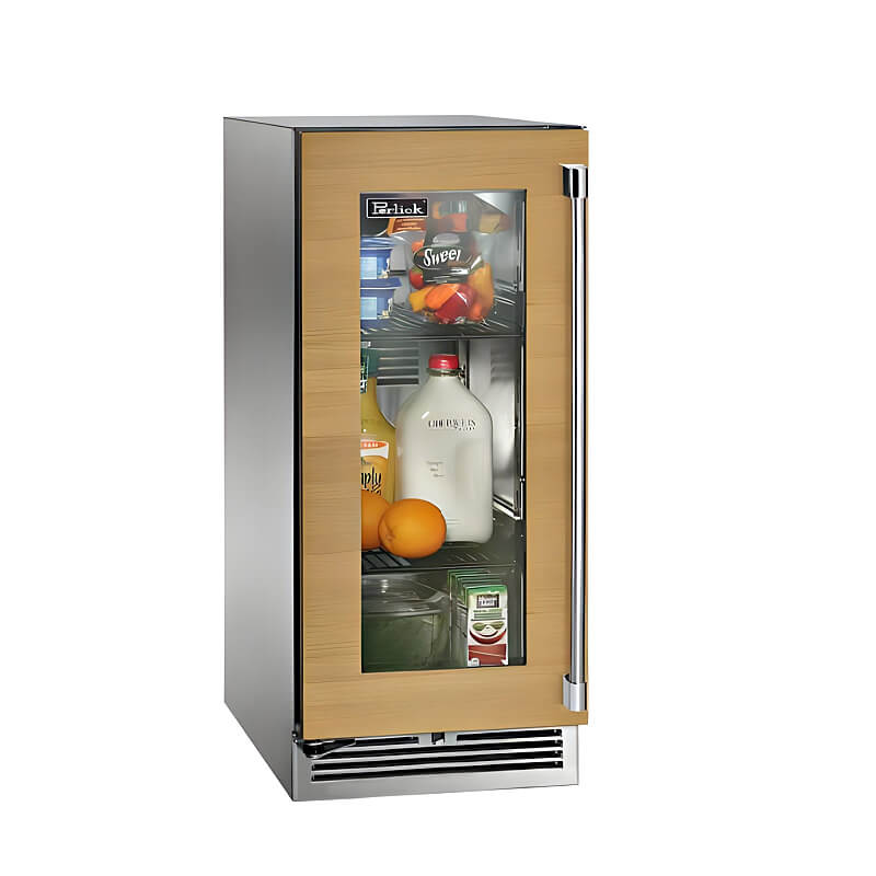 Perlick 15-Inch Signature Series Stainless Steel Panel Ready Glass Door Outdoor Refrigerator with Door Lock - HP15RO-4-4