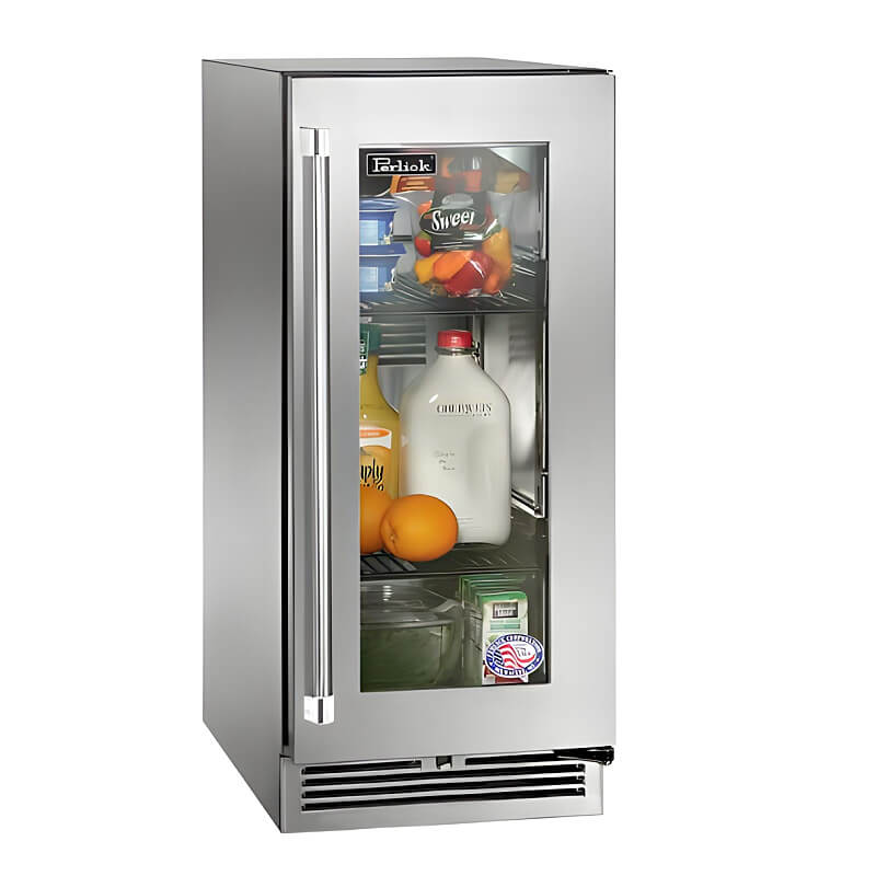 Perlick 15-Inch Signature Series Stainless Steel Glass Door Outdoor Refrigerator with Door Lock - HP15BO-4-3