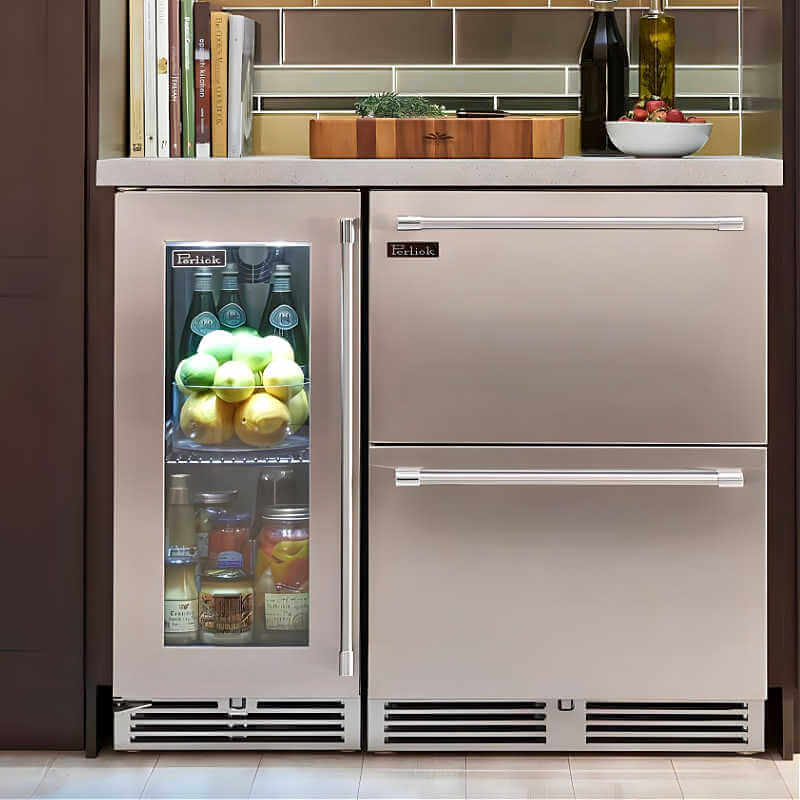 Perlick 15-Inch Signature Series Stainless Steel Glass Door Outdoor Refrigerator with Door Lock - HP15BO-4-3