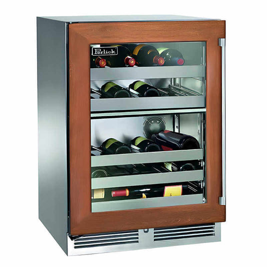 Perlick 24-Inch Signature Series Panel Ready Glass Door Outdoor Dual Zone Wine Cooler Reserve w/ Lock - HP24DO-4-4