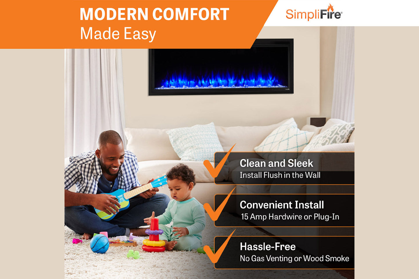 SimpliFire Allusion Platinum 50'' Wall Mount / Recessed Linear Electric Fireplace