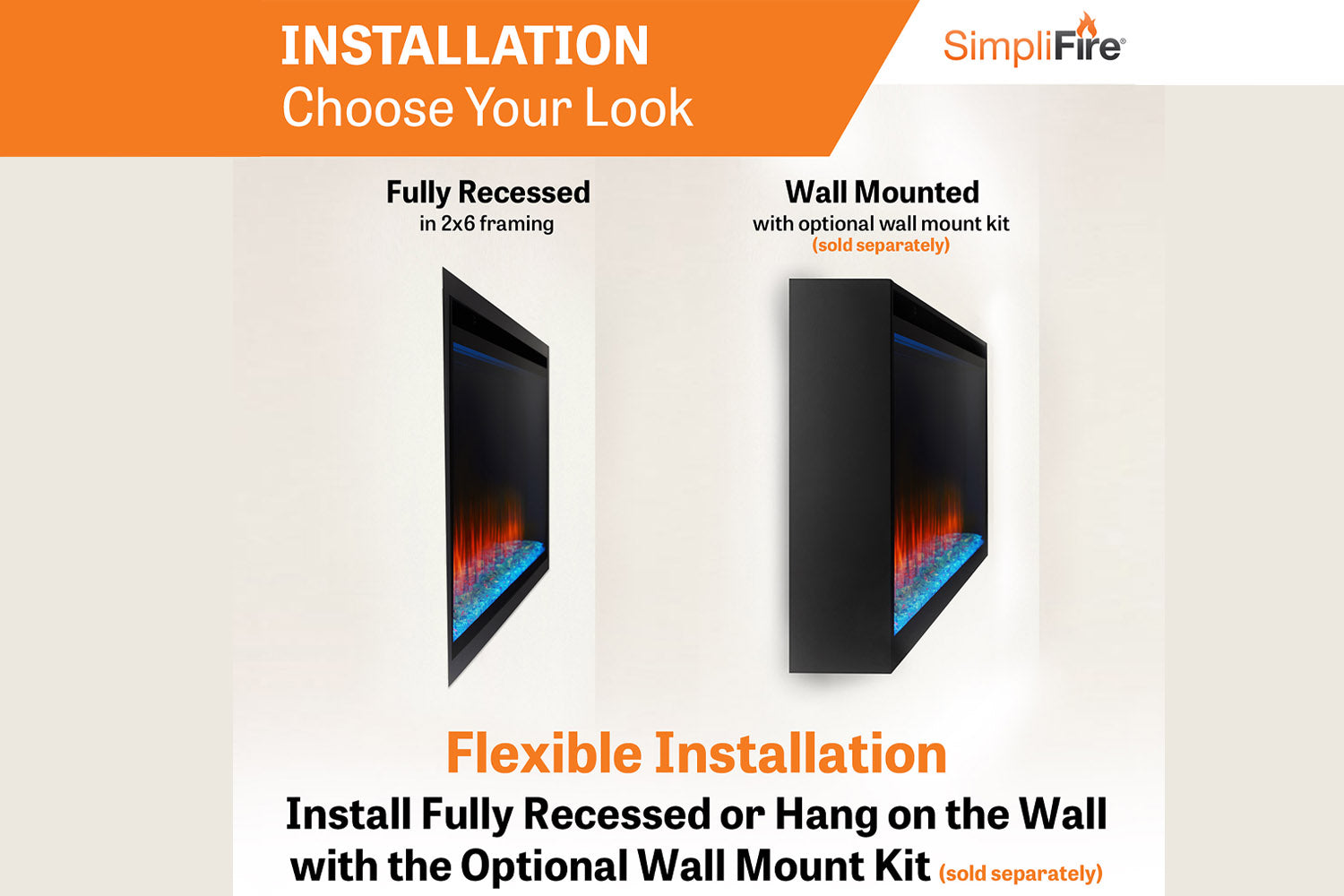 SimpliFire Allusion Platinum 50'' Wall Mount / Recessed Linear Electric Fireplace