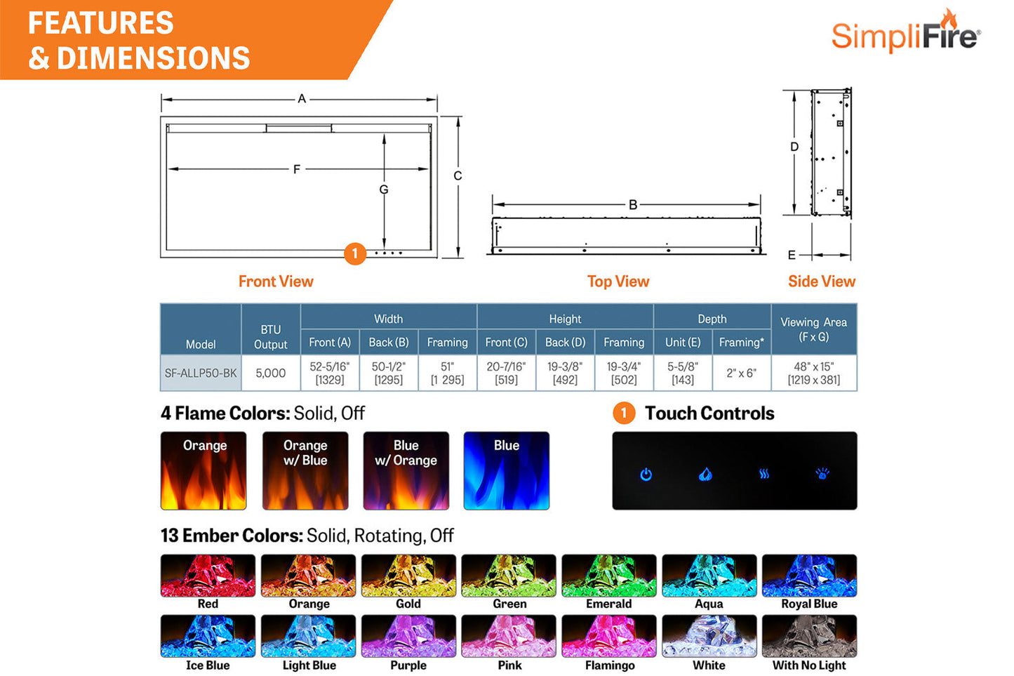 SimpliFire Allusion Platinum 50'' Wall Mount / Recessed Linear Electric Fireplace