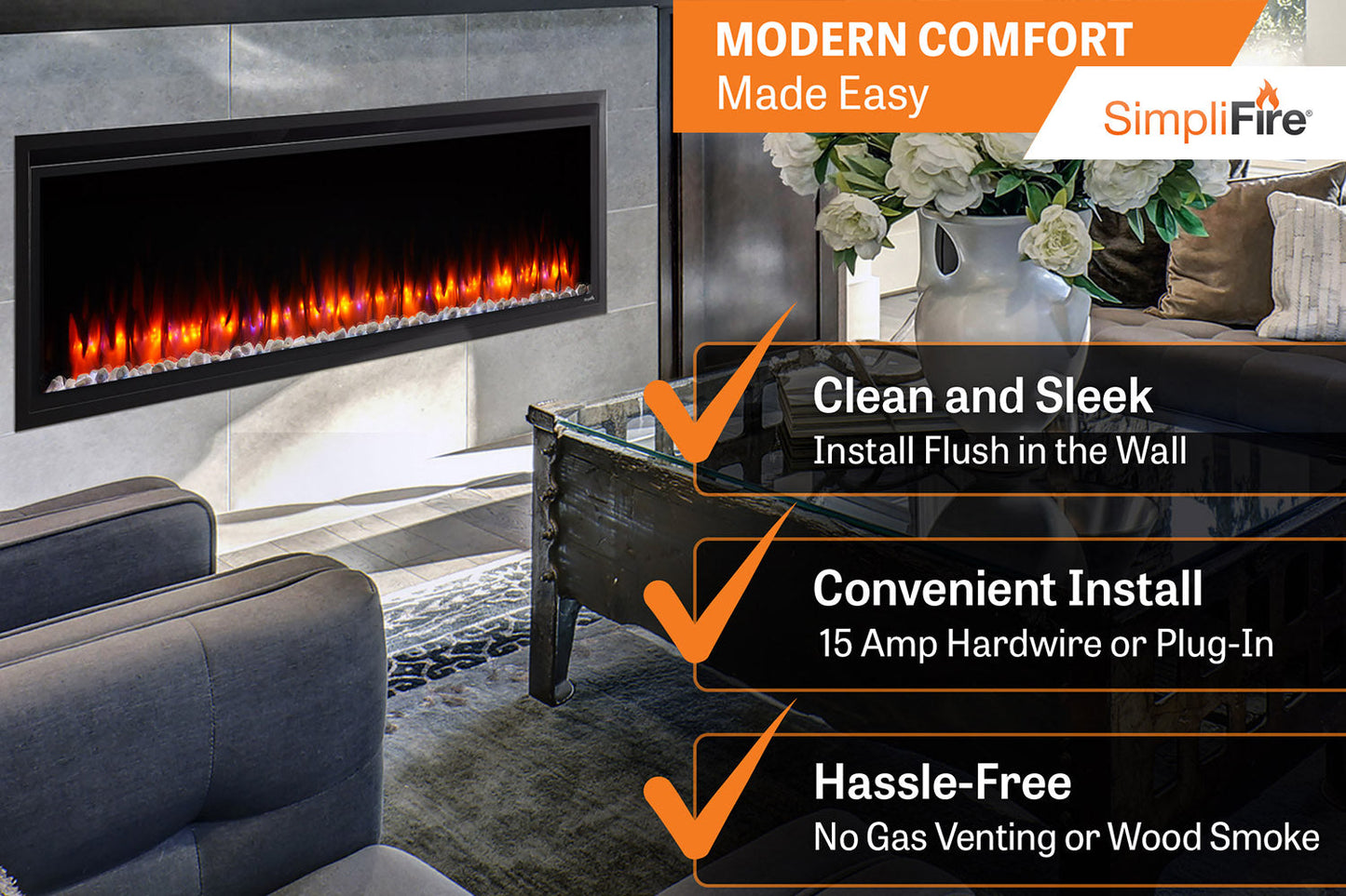 SimpliFire Allusion Platinum 60'' Wall Mount / Recessed Linear Electric Fireplace