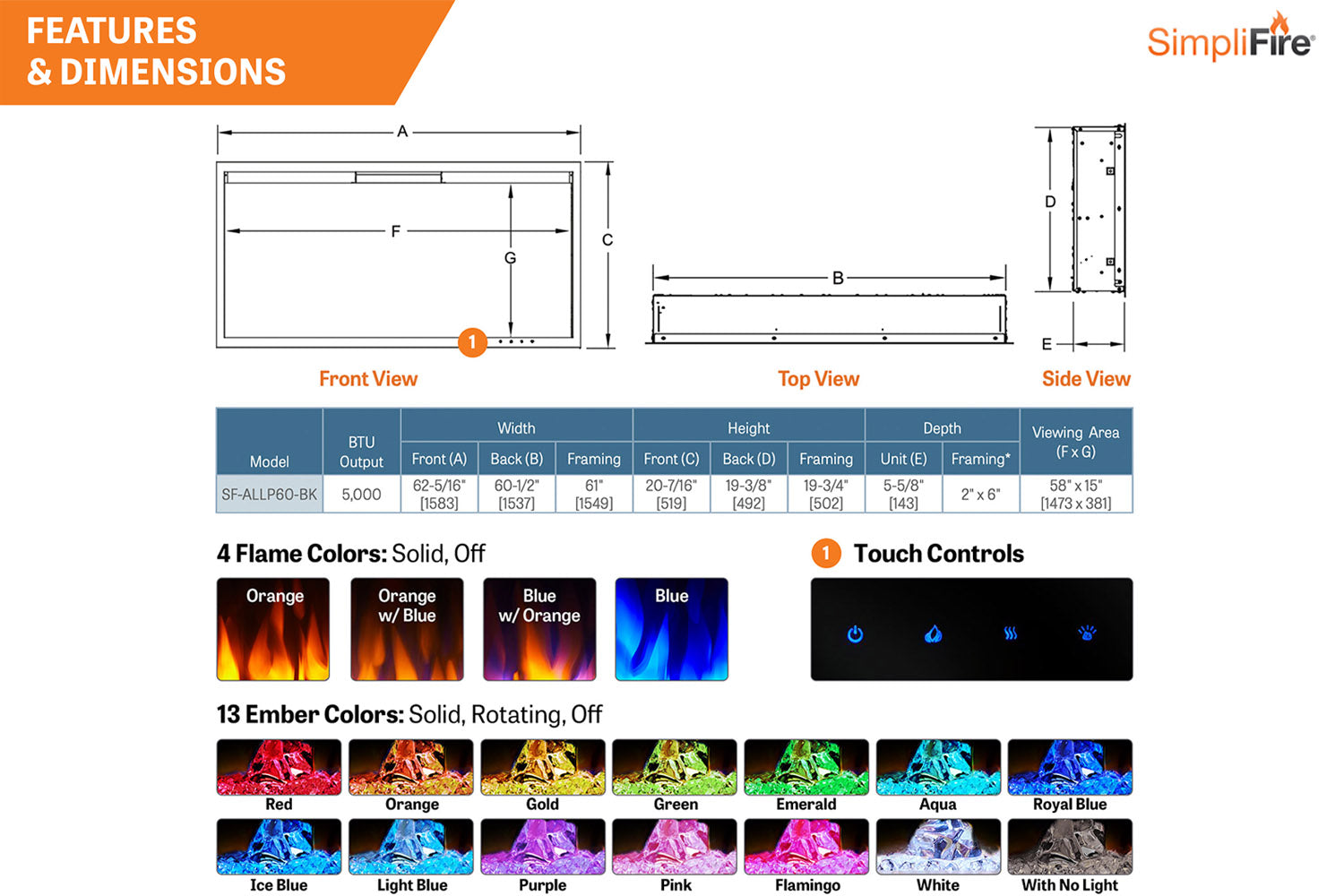 SimpliFire Allusion Platinum 60'' Wall Mount / Recessed Linear Electric Fireplace