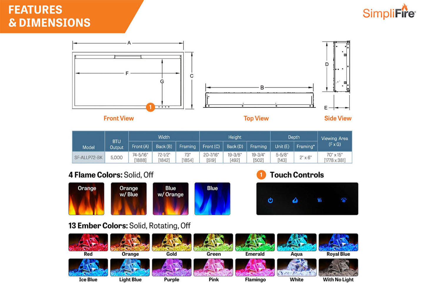 SimpliFire Allusion Platinum 72'' Wall Mount / Recessed  Electric Fireplace