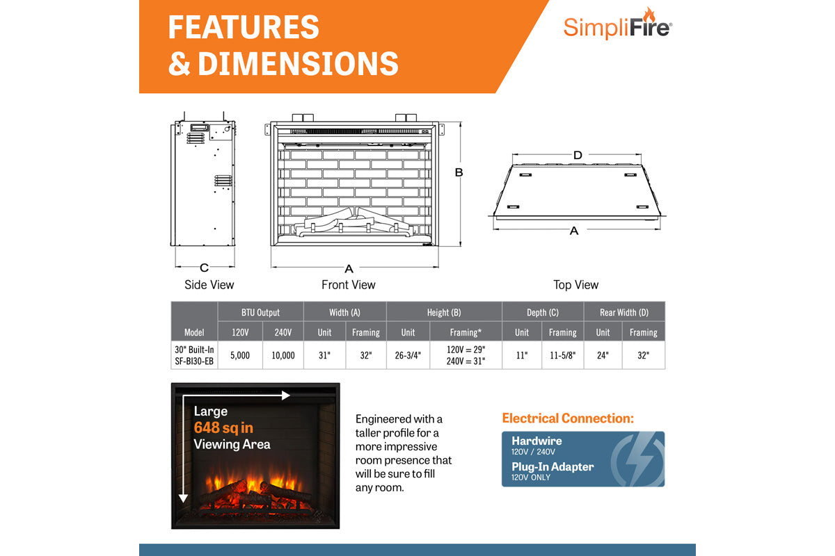 SimpliFire 30" Built-In Electric Firebox