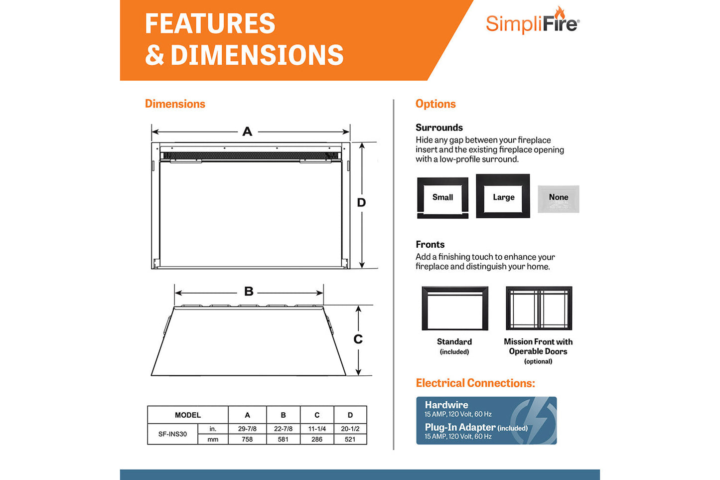 SimpliFire 30" Electric Fireplace Insert