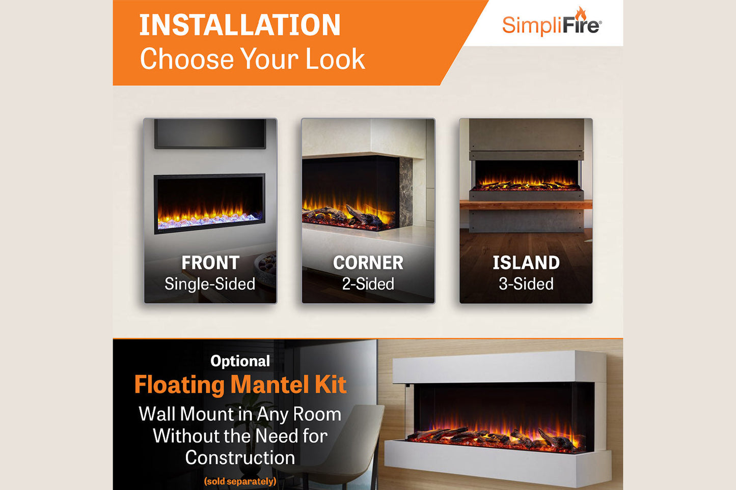 SimpliFire Scion Trinity 43" Multi-Side View Built In Electric Fireplace