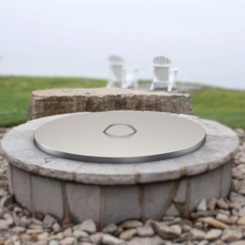 The Outdoor Plus Round Stainless Steel Fire Pit Cover with Handle