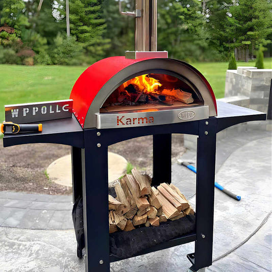 WPPO Karma 25 Inch Red Wood Fired Pizza Oven with Black Cart - WKK-01S-WS-Red