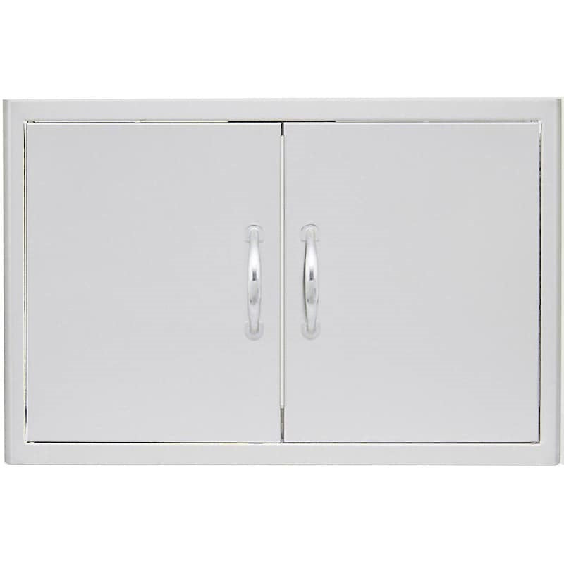 Blaze 25 inch double access doors made of commercial grade 304 stainless steel, intended for outdoor kitchen use, featuring double-lined doors with rounded beveled design and curved handles.