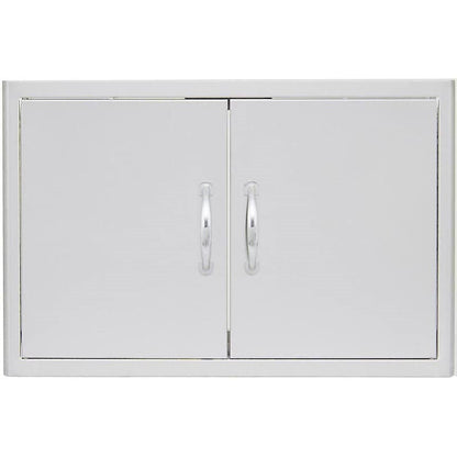 Blaze 25 inch double access doors made of commercial grade 304 stainless steel, intended for outdoor kitchen use, featuring double-lined doors with rounded beveled design and curved handles.