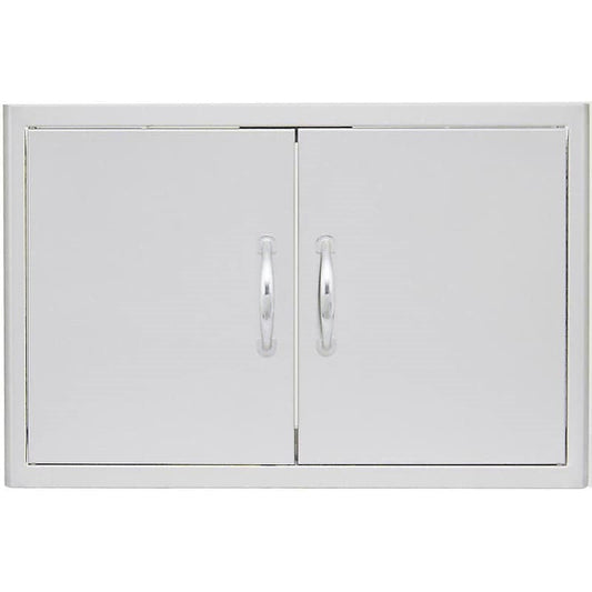 Blaze 25 inch double access doors made of commercial grade 304 stainless steel, intended for outdoor kitchen use, featuring double-lined doors with rounded beveled design and curved handles.