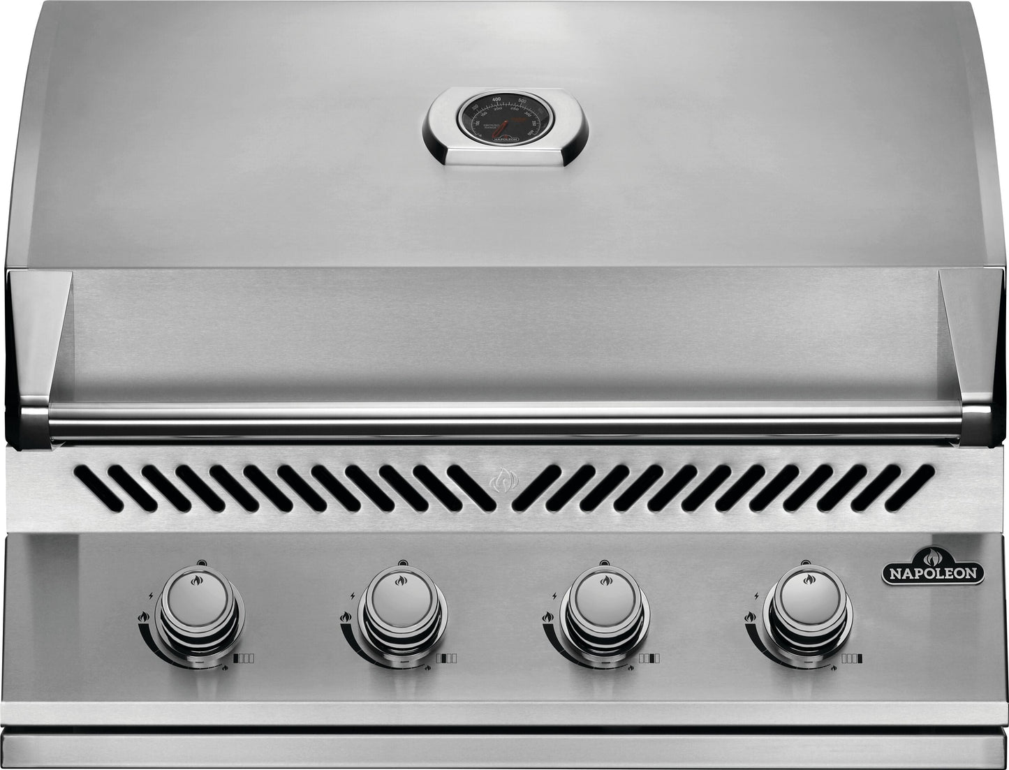 The image shows a close-up of the control panel of a Napoleon 500 Series 32-inch Built-in Grill, featuring a stainless steel finish and four adjustable knobs.