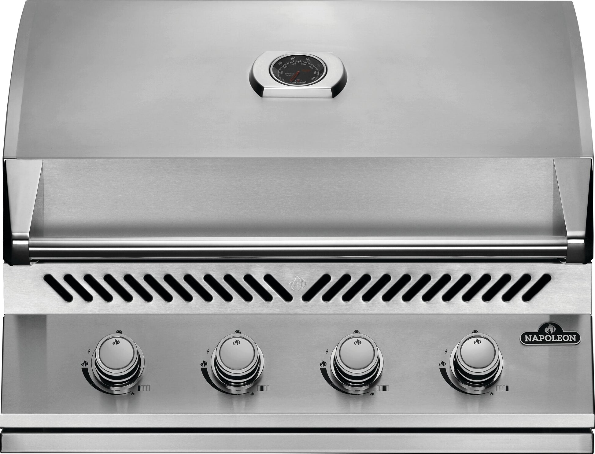 The image shows a close-up of the control panel of a Napoleon 500 Series 32-inch Built-in Grill, featuring a stainless steel finish and four adjustable knobs.