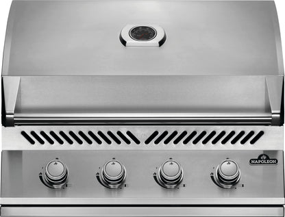 The image shows a close-up of the control panel of a Napoleon 500 Series 32-inch Built-in Grill, featuring a stainless steel finish and four adjustable knobs.