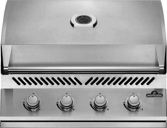 The image shows a close-up of the control panel of a Napoleon 500 Series 32-inch Built-in Grill, featuring a stainless steel finish and four adjustable knobs.