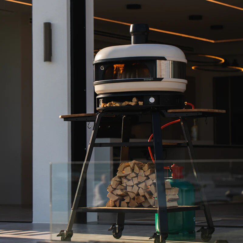 Gozney White Dome Pizza Oven on Pizza Stand - Lifestyle Image