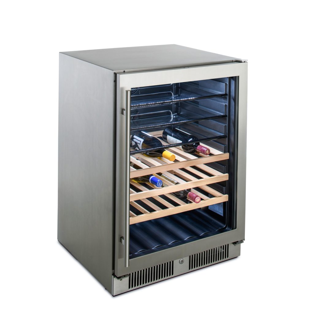 A 304 Stainless Steel Blaze 24-Inch outdoor glass door beverage cooler filled with bottles of wine, showcasing its interior shelving and bamboo racks - Outdoor Refrigeration