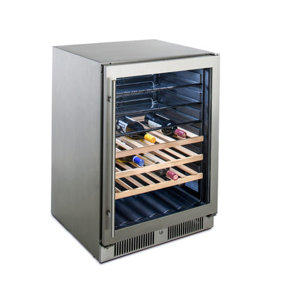 A 304 Stainless Steel Blaze 24-Inch outdoor glass door beverage cooler filled with bottles of wine, showcasing its interior shelving and bamboo racks - Outdoor Refrigeration