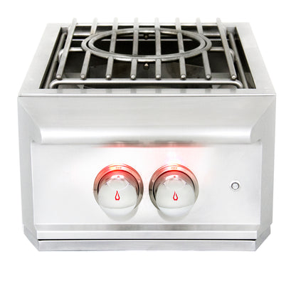 A Blaze Professional Built-In Gas High Performance Power Burner with a stainless steel lid and wok ring, featuring control knobs on the front.