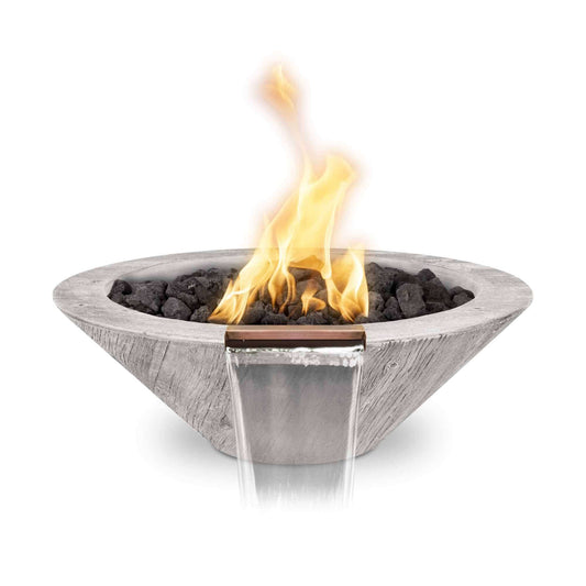 A 24-inch round wood grain concrete gas fire and water bowl with a lit flame in the center, finished in a off white color with lava rocks.