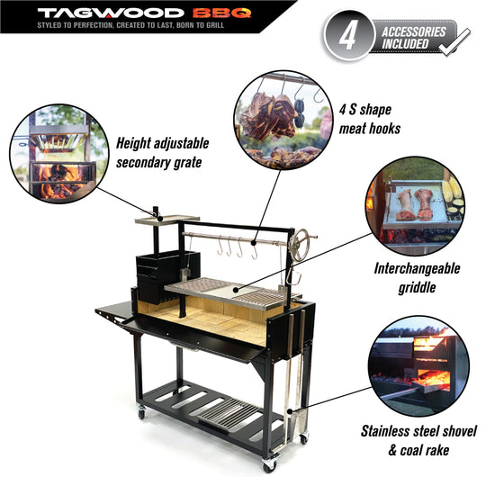 Tagwood BBQ Fully Assembled Black Argentine Santa Maria Wood Fire & Charcoal Grill - BBQ03SIF