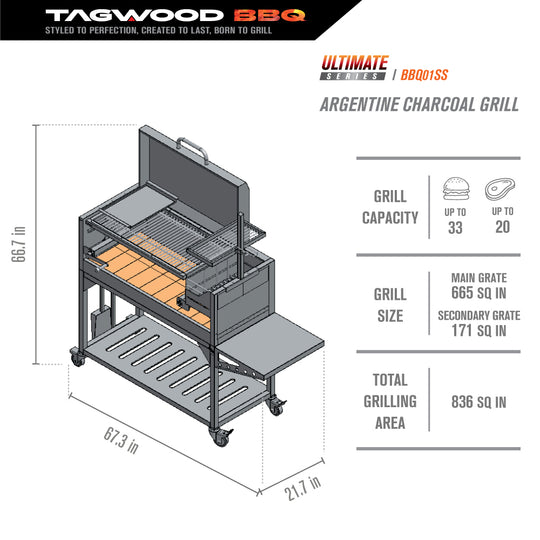 Tagwood BBQ Fully Assembled Argentine Santa Maria Wood Fire & Charcoal Grill with Top Lid - BBQ01SSF