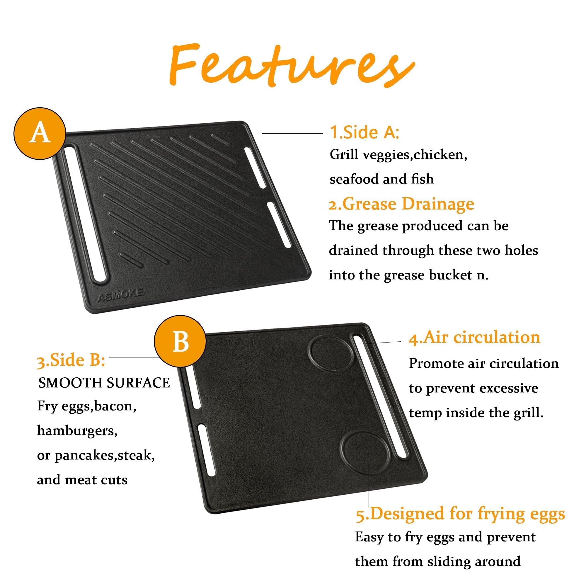 ASMOKE Cast Iron Reversible Griddle Plate