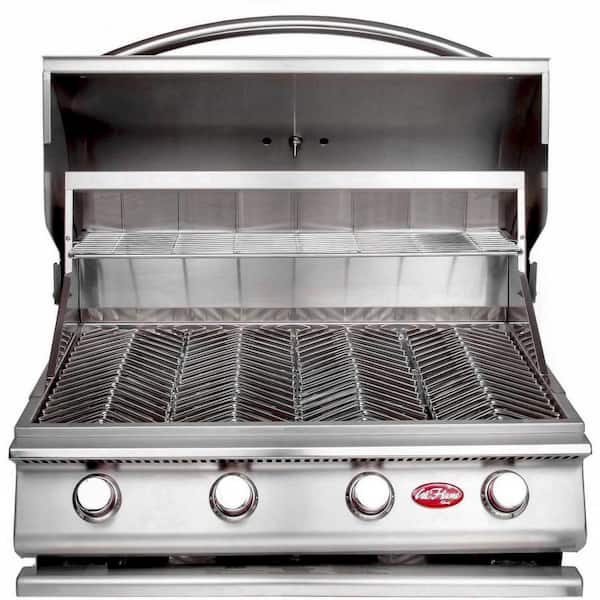 A silver Cal Flame BBQ gas grill with the lid open, showcasing the grill's interior with multiple burners and a warming rack.