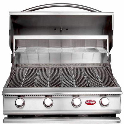 A silver Cal Flame BBQ gas grill with the lid open, showcasing the grill's interior with multiple burners and a warming rack.