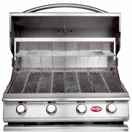 A silver Cal Flame BBQ gas grill with the lid open, showcasing the grill's interior with multiple burners and a warming rack.