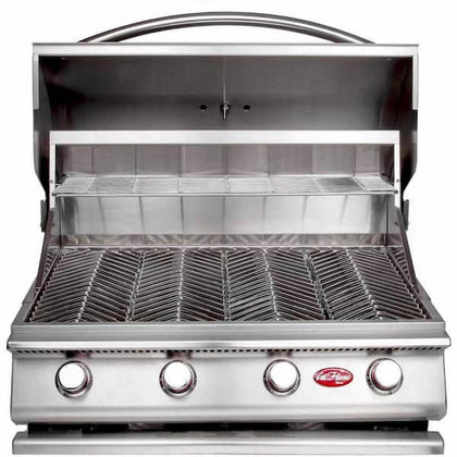 A silver Cal Flame BBQ gas grill with the lid open, showcasing the grill's interior with multiple burners and a warming rack.